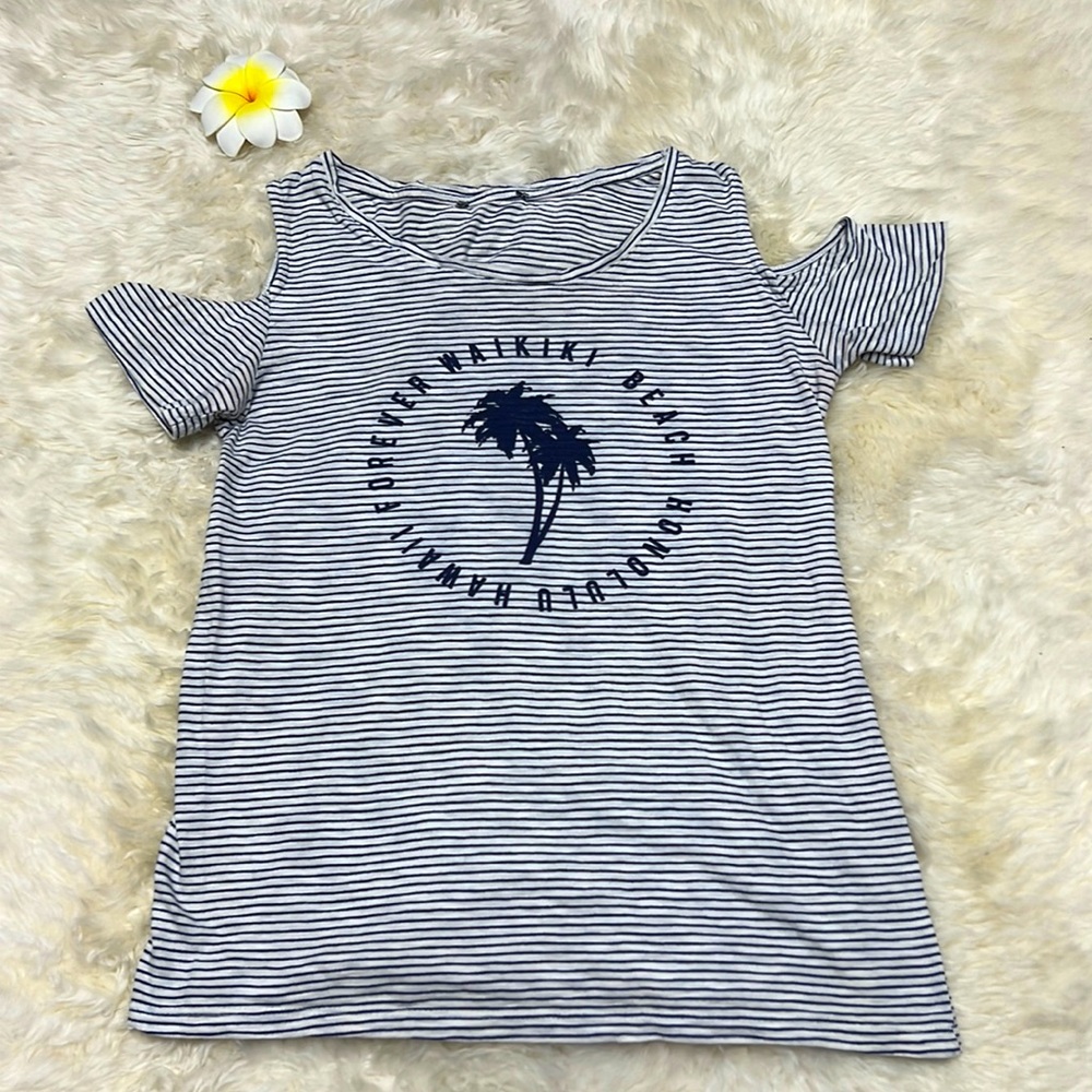 GUC - Womens Hawaii Cold Shoulder Short Sleeve Stripe Tee